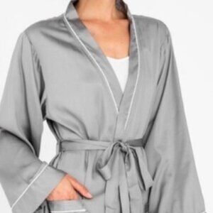 Ettitude Sateen Robe In Fog & Long Sleeve PJ Top Blue Stripe S New